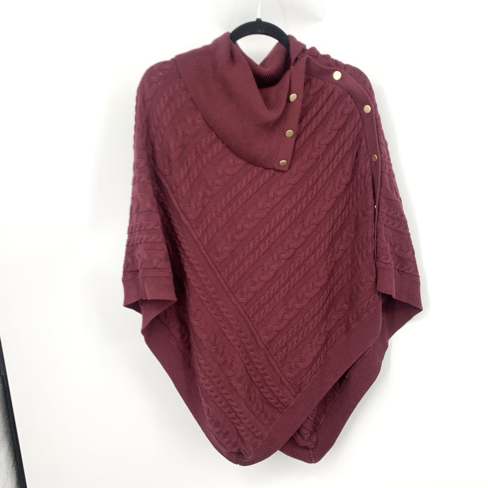 Talbots Women Size Large Sweater Poncho Cowl Pullover Top Shawl Red Cable Knit‎